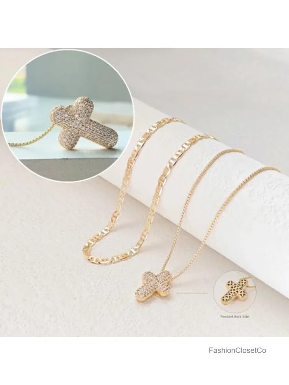 14k Gold Plated Cross Necklace Set with CZ Bubble Pendant